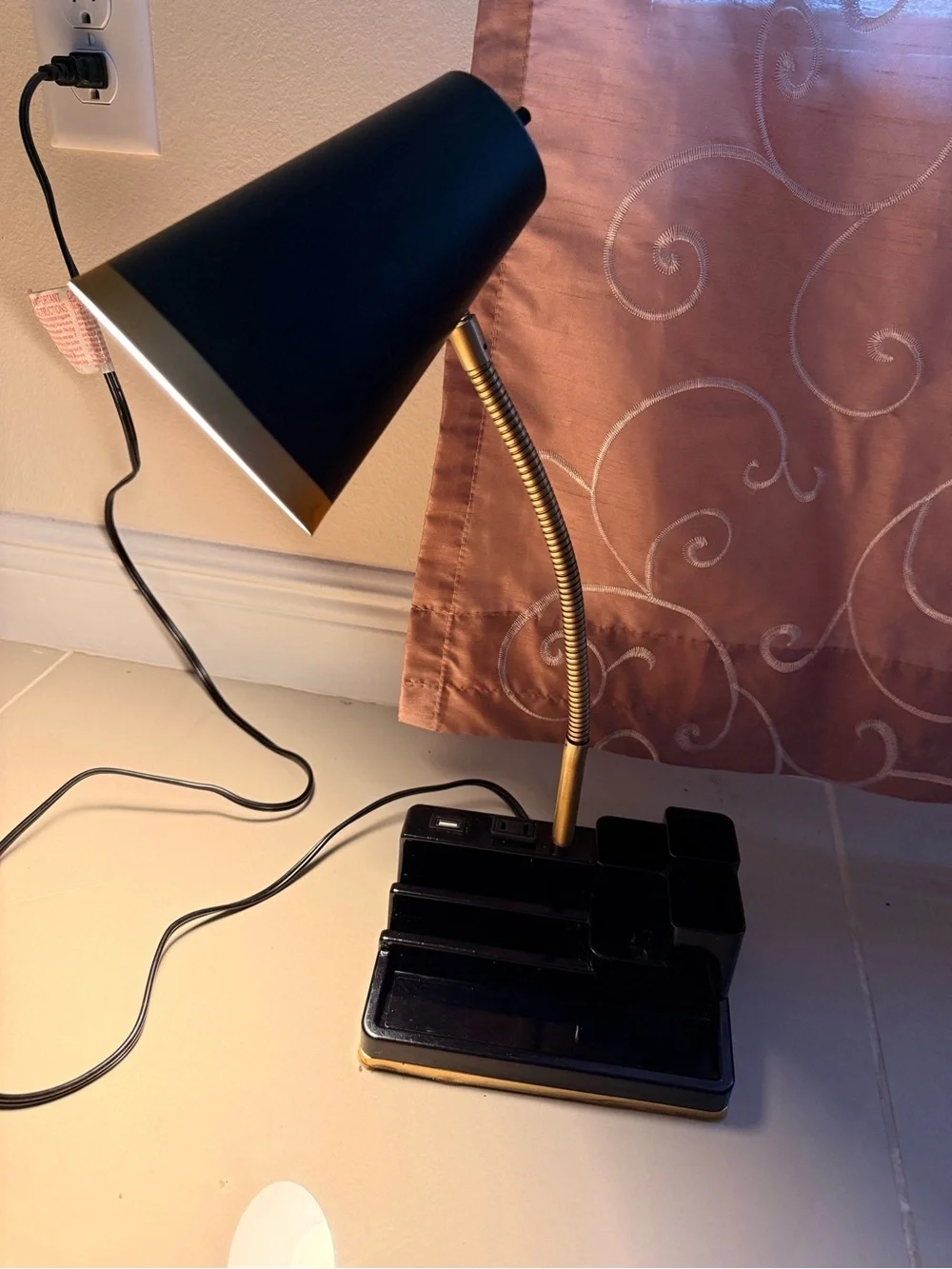 Black & Gold Desk Lamp Organizer with USB Port & Outlet